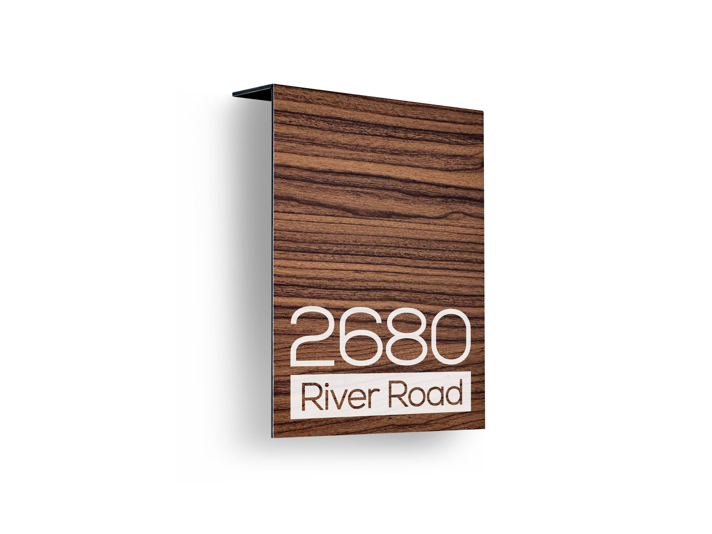 Modern Walnut Aluminium Address Sign - Personalized House Number Sign - Laser Engraved Street Name Plaque