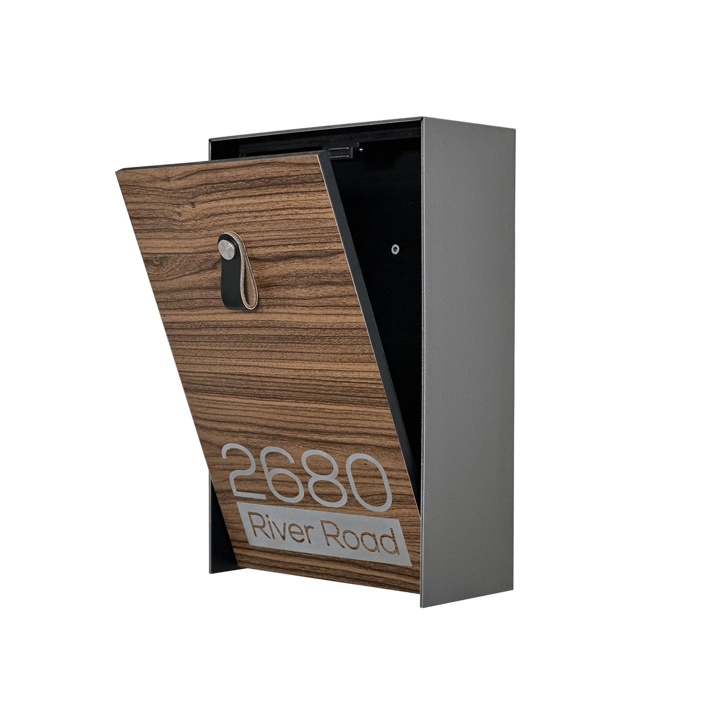 Vertical Minimalist Metallic Gray/Walnut Aluminium Mailbox - Contemporary Wall Mounted Stylish Letterbox for Home and Office with Engraved Personalization
