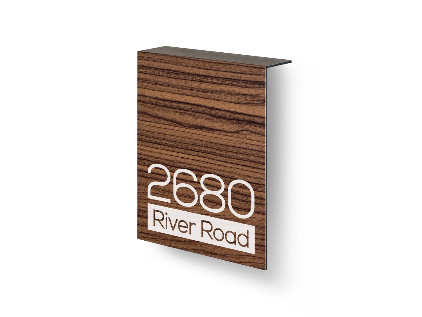Modern Walnut Aluminium Address Sign - Personalized House Number Sign - Laser Engraved Street Name Plaque