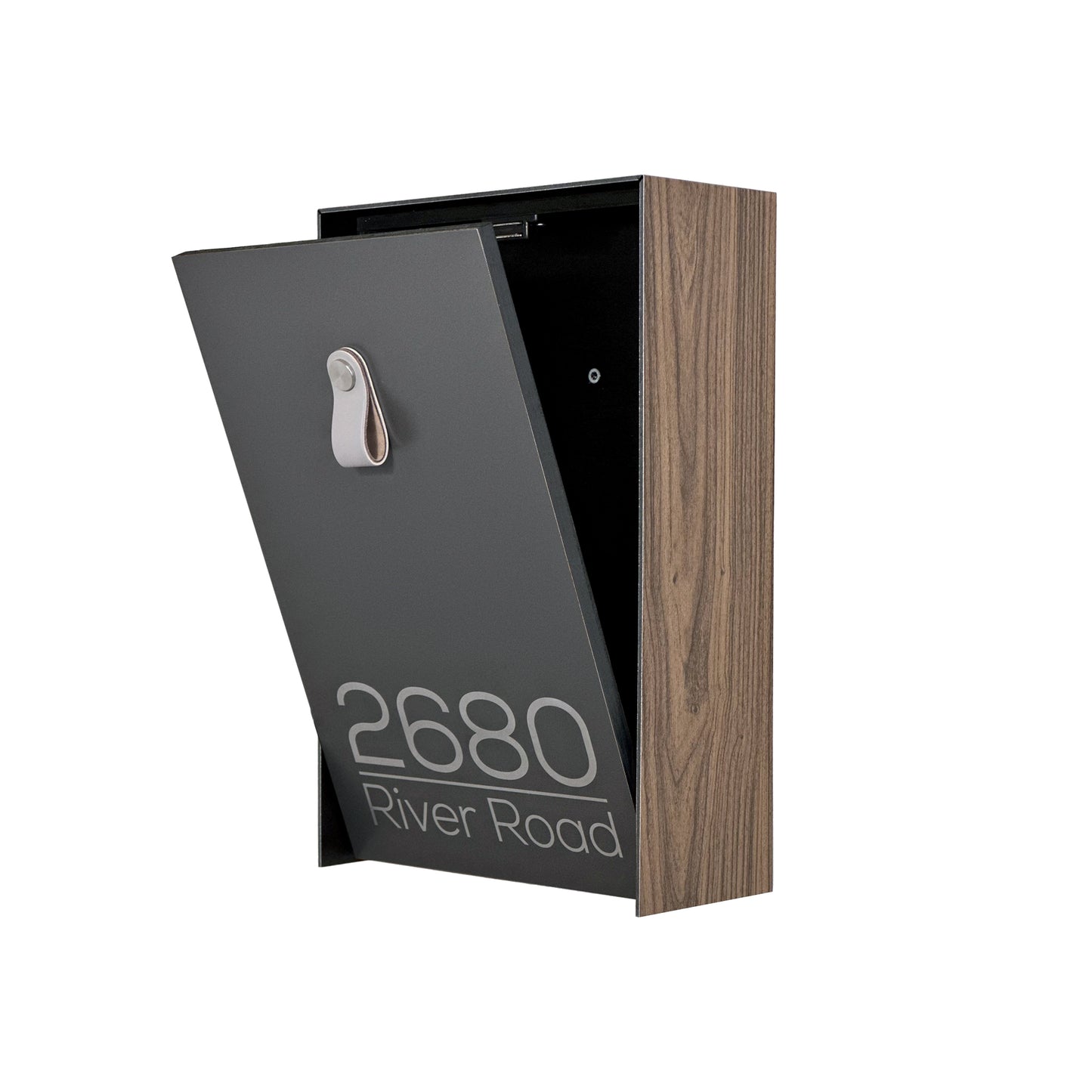 Vertical Minimalist Walnut/Metallic Gray Aluminium Mailbox - Contemporary Wall Mounted Stylish Letterbox for Home and Office with Engraved Personalization