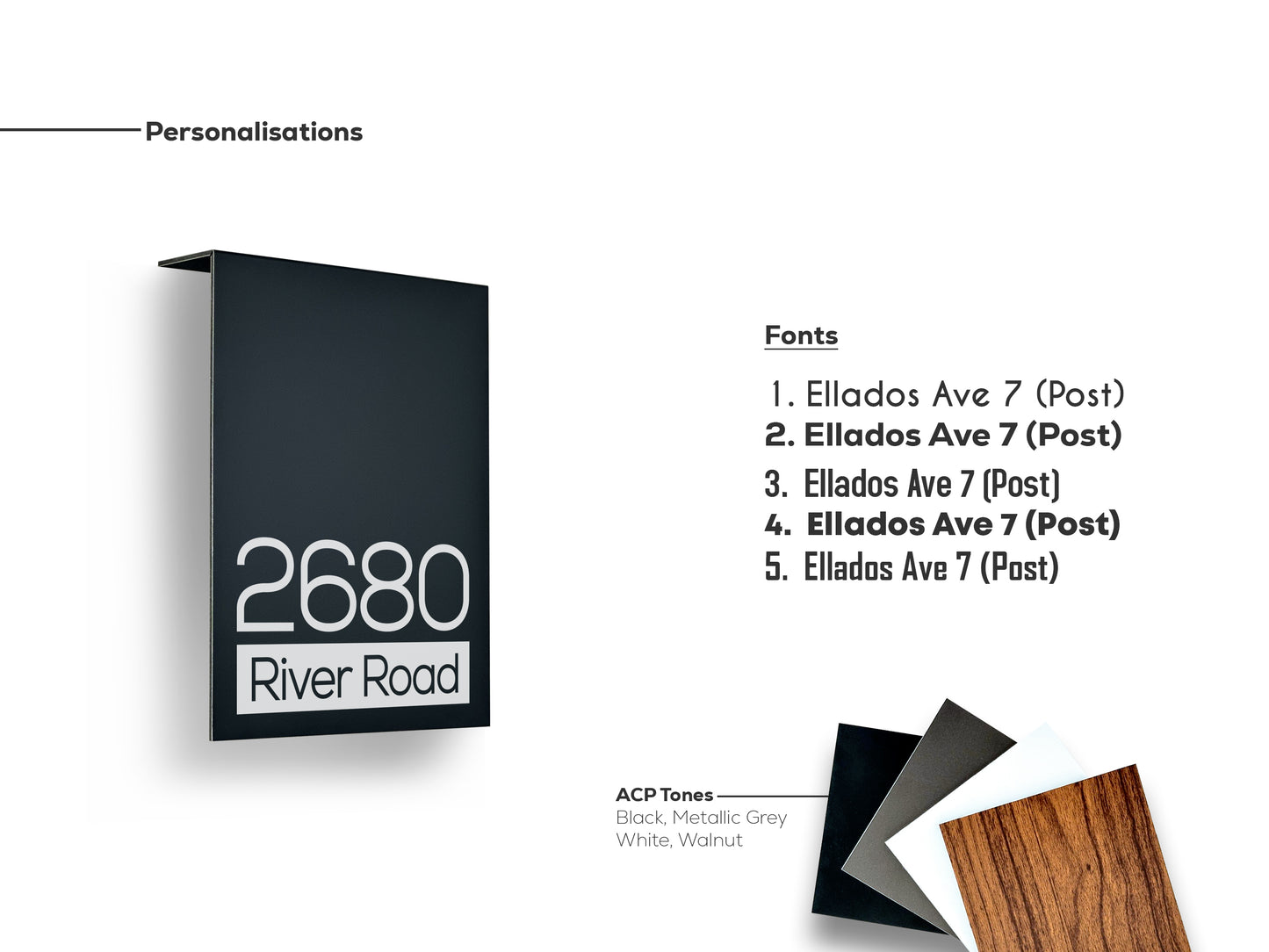 Modern Walnut Aluminium Address Sign - Personalized House Number Sign - Laser Engraved Street Name Plaque