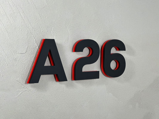 Modern House Numbers - TwoTone - Address Sign Black/Red - Apartment Door Number