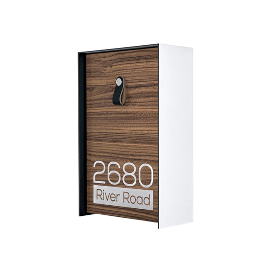 Vertical Minimalist White/Walnut Aluminium Mailbox - Contemporary Wall Mounted Stylish Letterbox for Home and Office with Engraved Personalization
