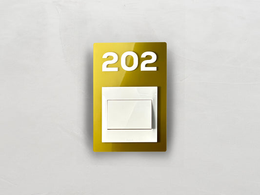 Modern Gold/White Switch Frame with Door Number - Personalized Apartment Number Sign - Room Number Signage