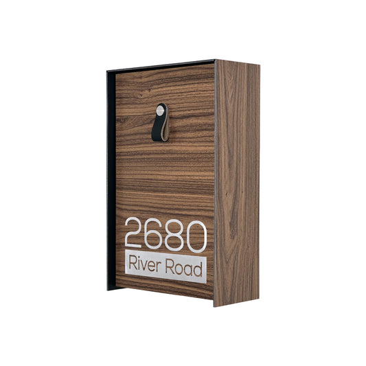 Vertical Minimalist Walnut Aluminium Mailbox - Contemporary Wall Mounted Stylish Letterbox for Home and Office with Engraved Personalization