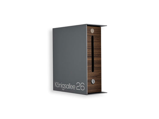 Small Metallic Gray/Walnut Minimalist Mailbox - Modern Stylish Letterbox for Home and Office with Engraved Personalization