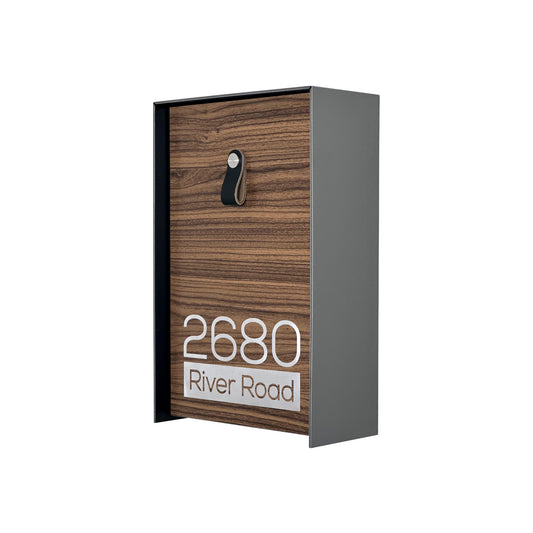 Vertical Minimalist Metallic Gray/Walnut Aluminium Mailbox - Contemporary Wall Mounted Stylish Letterbox for Home and Office with Engraved Personalization