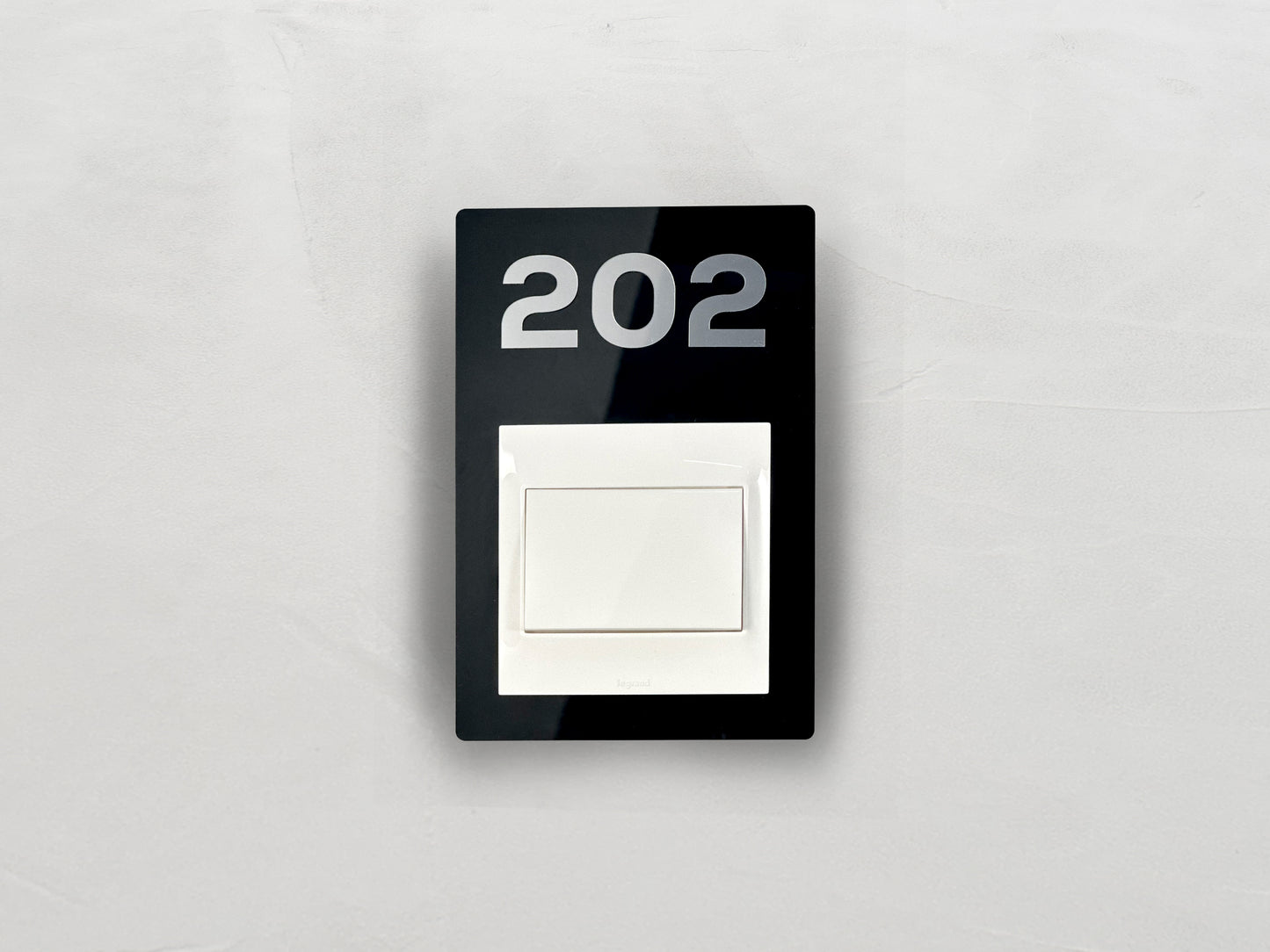 Modern Black/Silver Switch Frame with Door Number - Personalized Apartment Number Sign - Room Number Signage