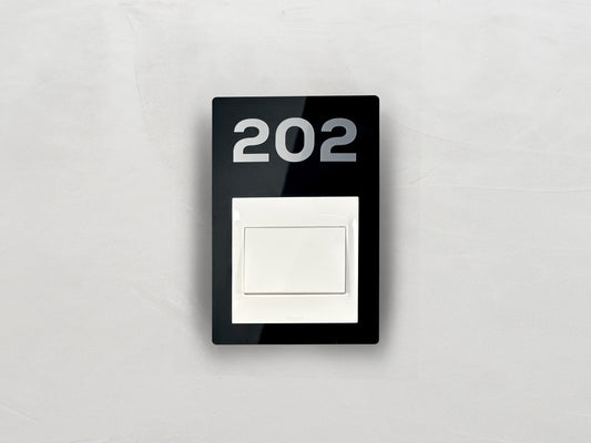 Modern Black/Silver Switch Frame with Door Number - Personalized Apartment Number Sign - Room Number Signage