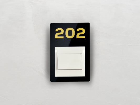 Modern Black/Gold Bell Switch Frame with Door Number - Personalized Apartment Number Sign - Room Number Signage -