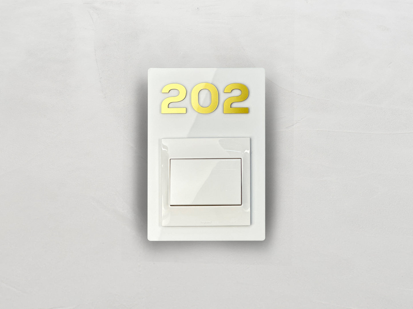 Modern White/Gold Switch Frame with Door Number - Personalized Apartment Number Sign - Room Number Signage