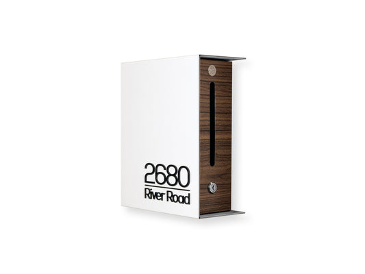 Small White/Walnut Minimalist Mailbox - Modern Stylish Letterbox for Home and Office with Engraved Personalization