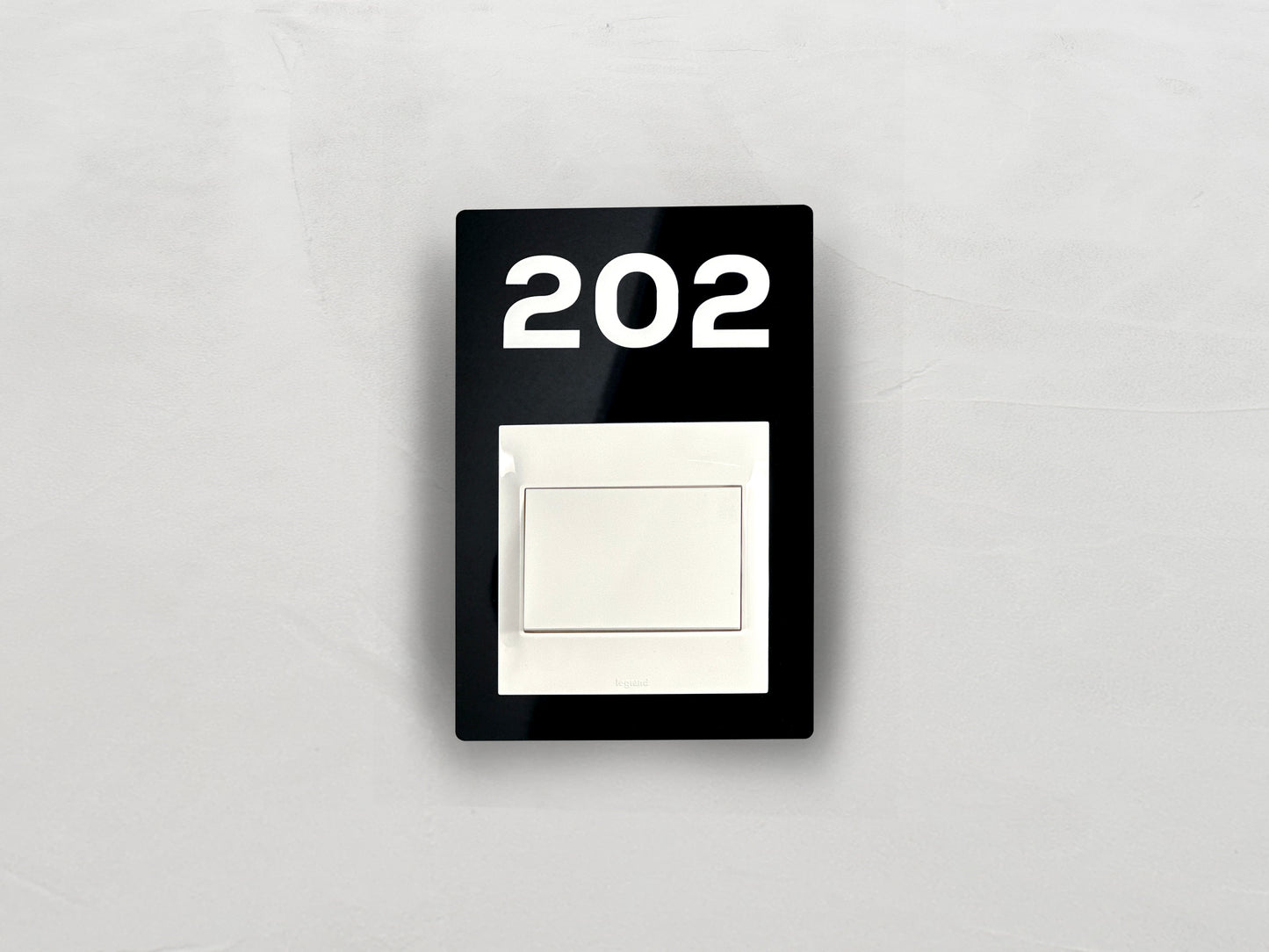 Modern Black/White Switch Frame with Door Number - Personalized Apartment Number Sign - Room Number Signage