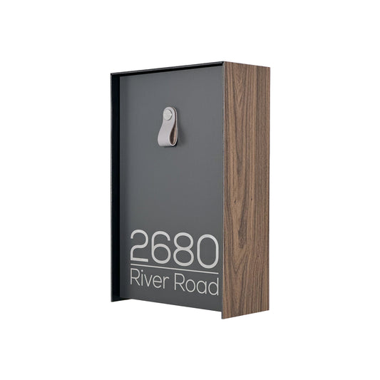 Vertical Minimalist Walnut/Metallic Gray Aluminium Mailbox - Contemporary Wall Mounted Stylish Letterbox for Home and Office with Engraved Personalization