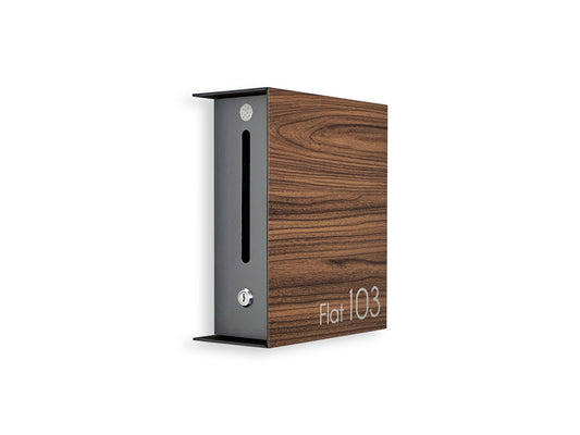 Small Walnut/Metallic Gray Minimalist Mailbox - Modern Stylish Letterbox for Home and Office with Engraved Personalization