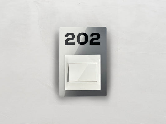 Modern Silver/Black Switch Frame with Door Number - Personalized Apartment Number Sign - Room Number Signage