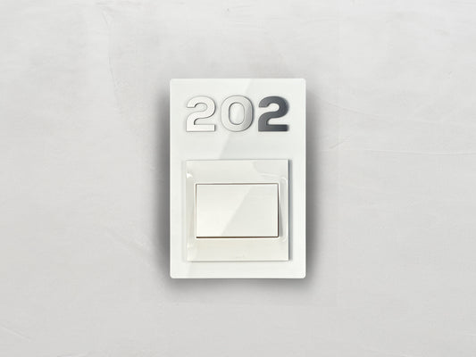 Modern White/Silver Switch Frame with Door Number - Personalized Apartment Number Sign - Room Number Signage