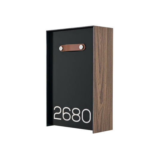 Vertical Minimalist Walnut/Black Aluminium Mailbox - Contemporary Wall Mounted Stylish Letterbox for Home and Office with Engraved Personalization