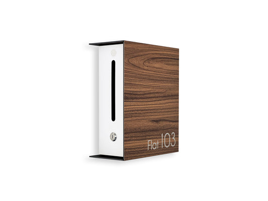 Small Walnut/White Minimalist Mailbox - Modern Stylish Letterbox for Home and Office with Engraved Personalization