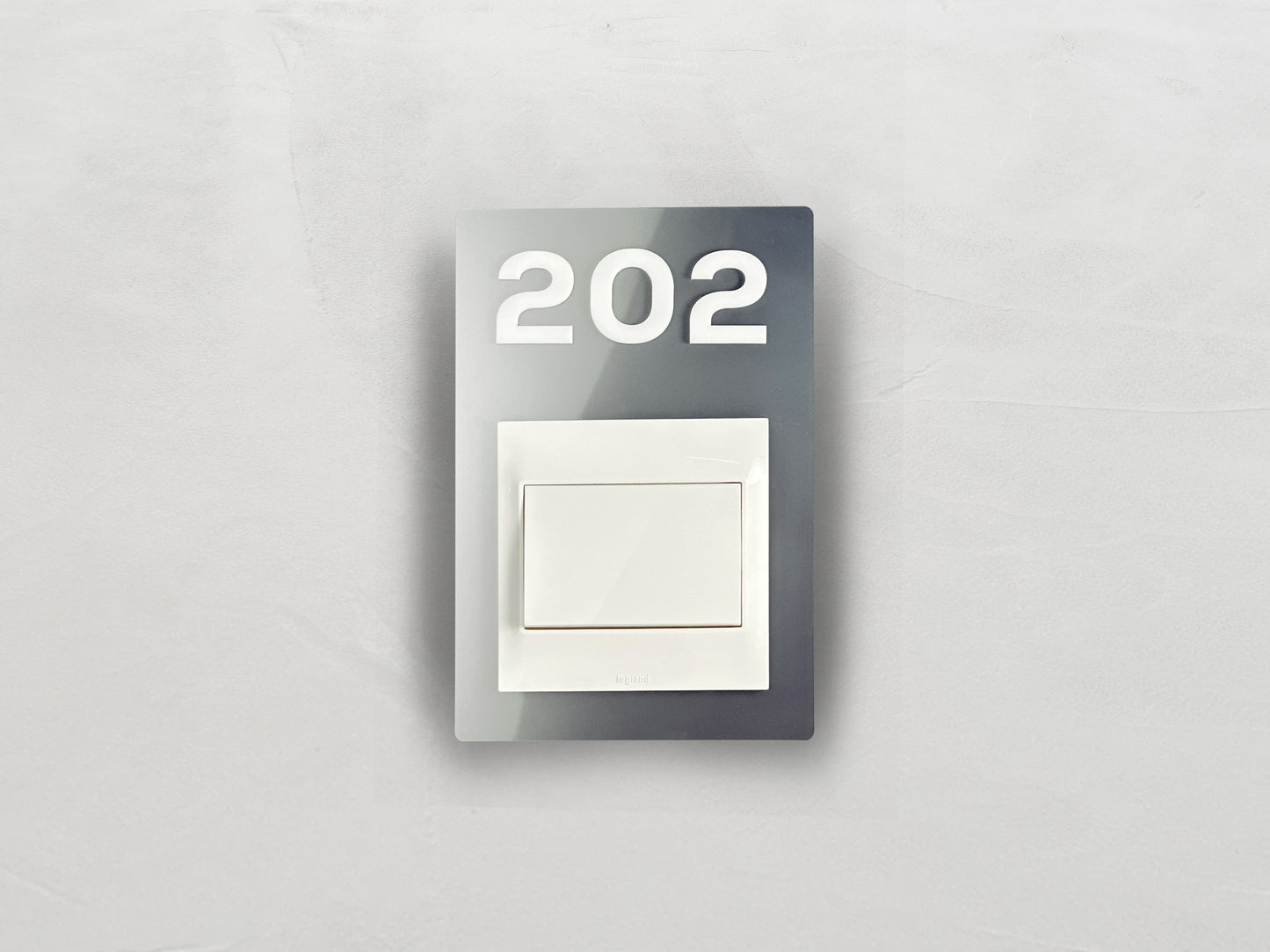 Modern Silver/White Switch Frame with Door Number - Personalized Apartment Number Sign - Room Number Signage