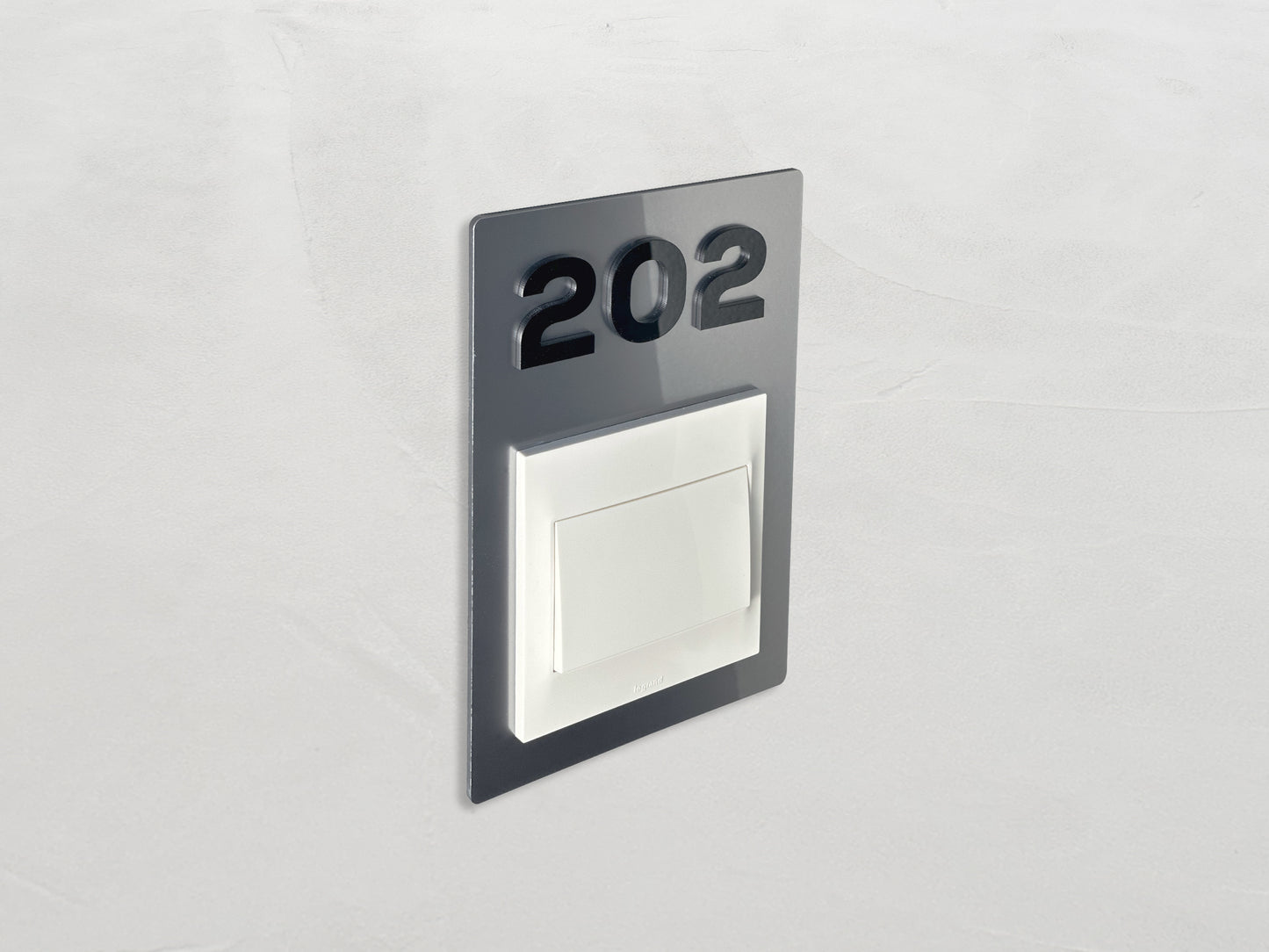 Modern Silver/Black Switch Frame with Door Number - Personalized Apartment Number Sign - Room Number Signage