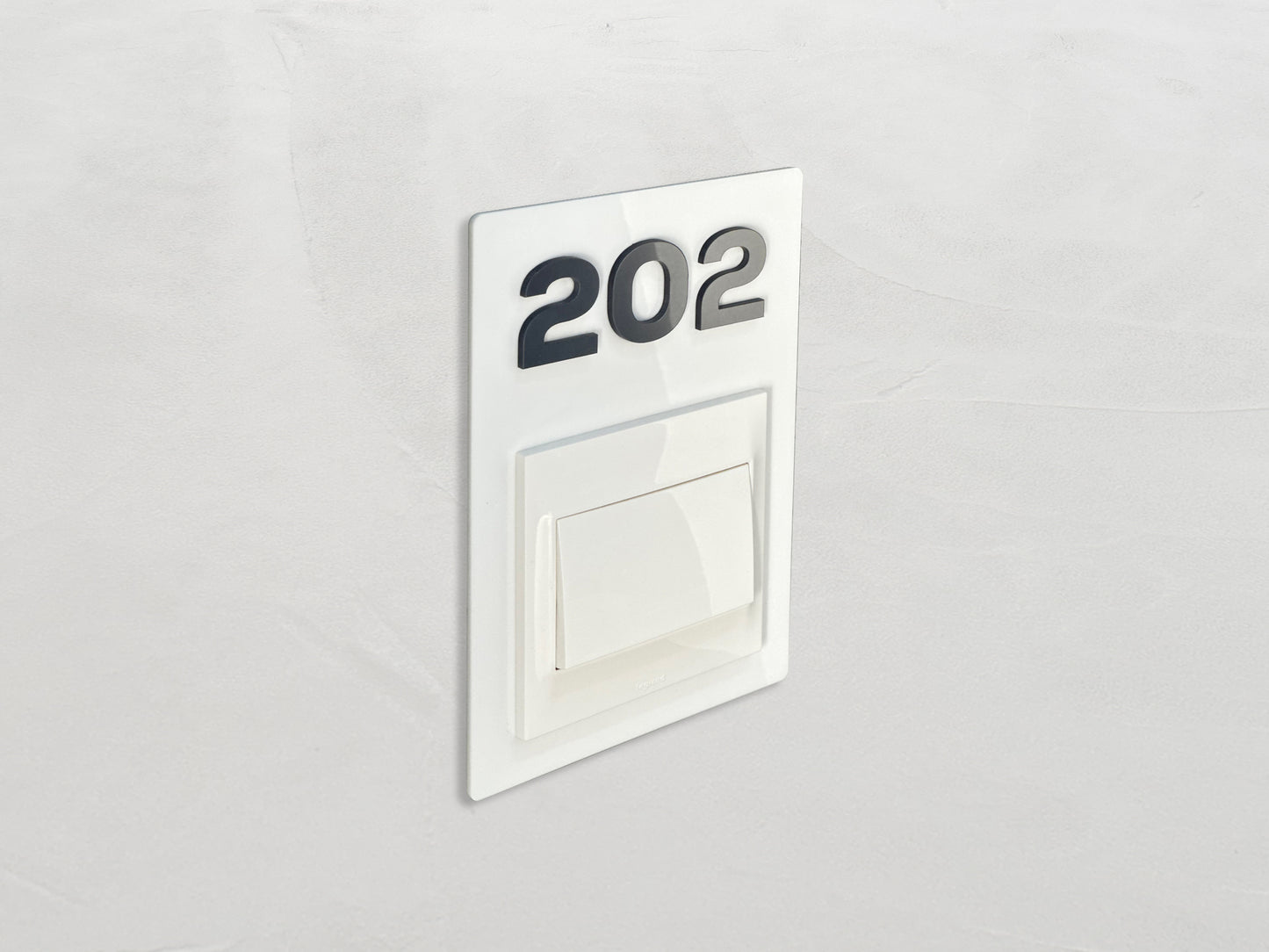 Modern White/Silver Switch Frame with Door Number - Personalized Apartment Number Sign - Room Number Signage