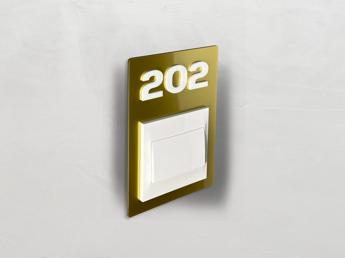 Modern Gold/White Switch Frame with Door Number - Personalized Apartment Number Sign - Room Number Signage