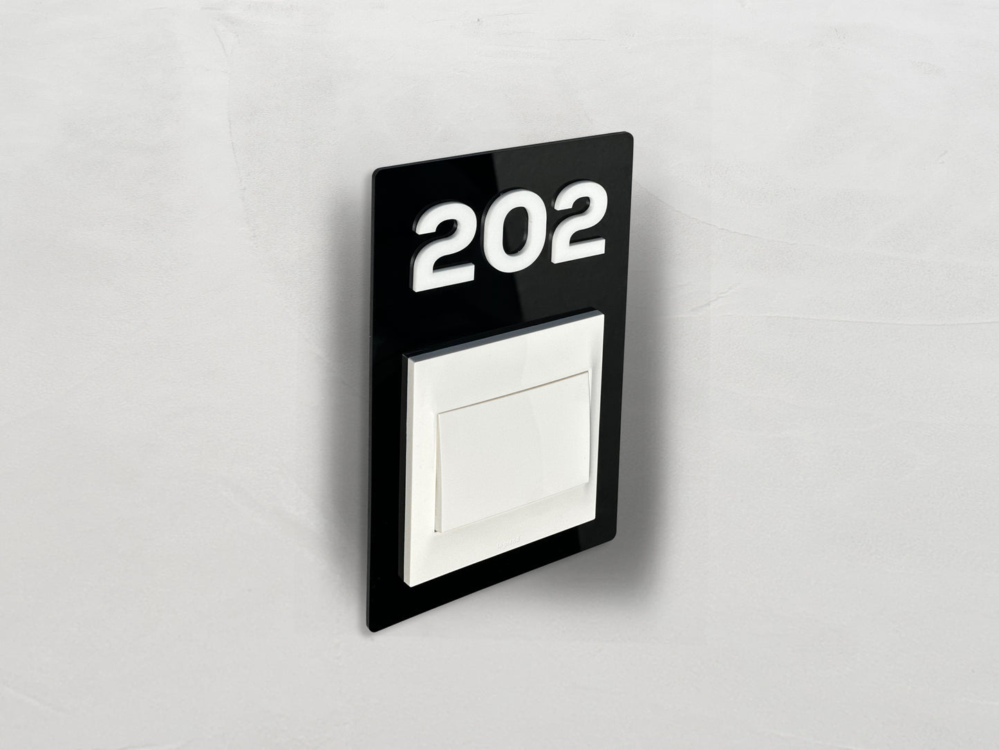 Modern Black/White Switch Frame with Door Number - Personalized Apartment Number Sign - Room Number Signage