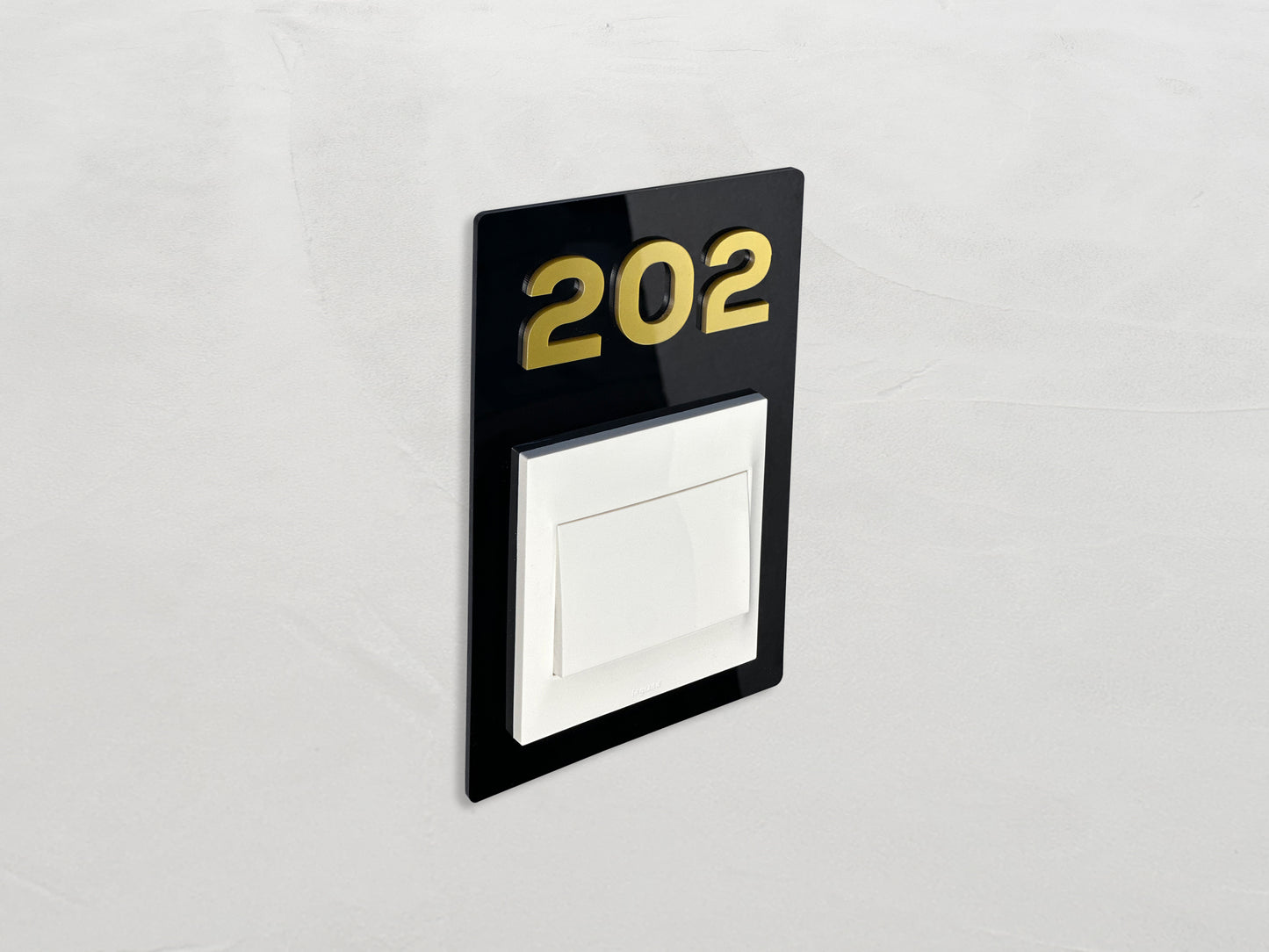 Modern Black/Gold Bell Switch Frame with Door Number - Personalized Apartment Number Sign - Room Number Signage -