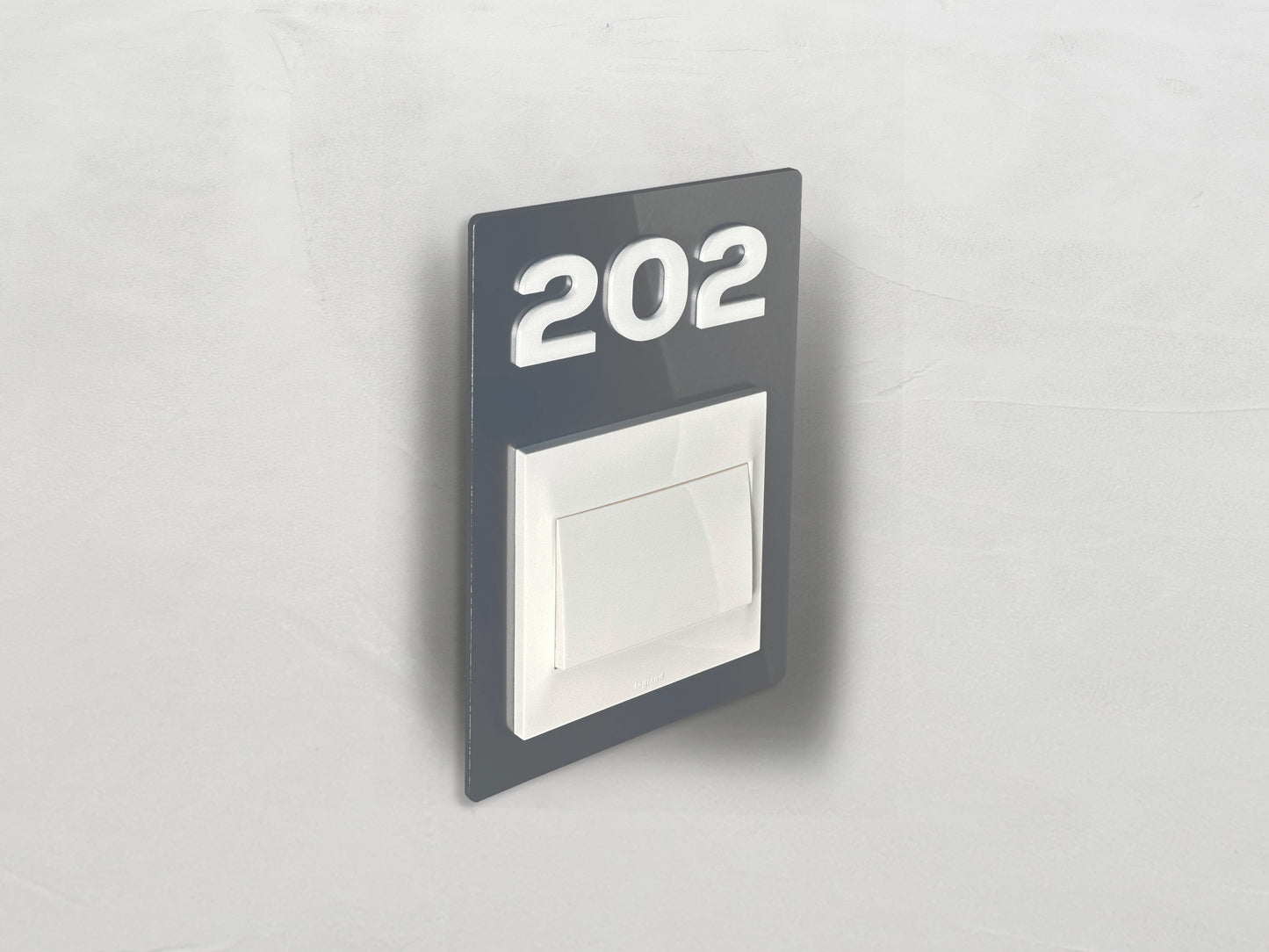 Modern Silver/White Switch Frame with Door Number - Personalized Apartment Number Sign - Room Number Signage