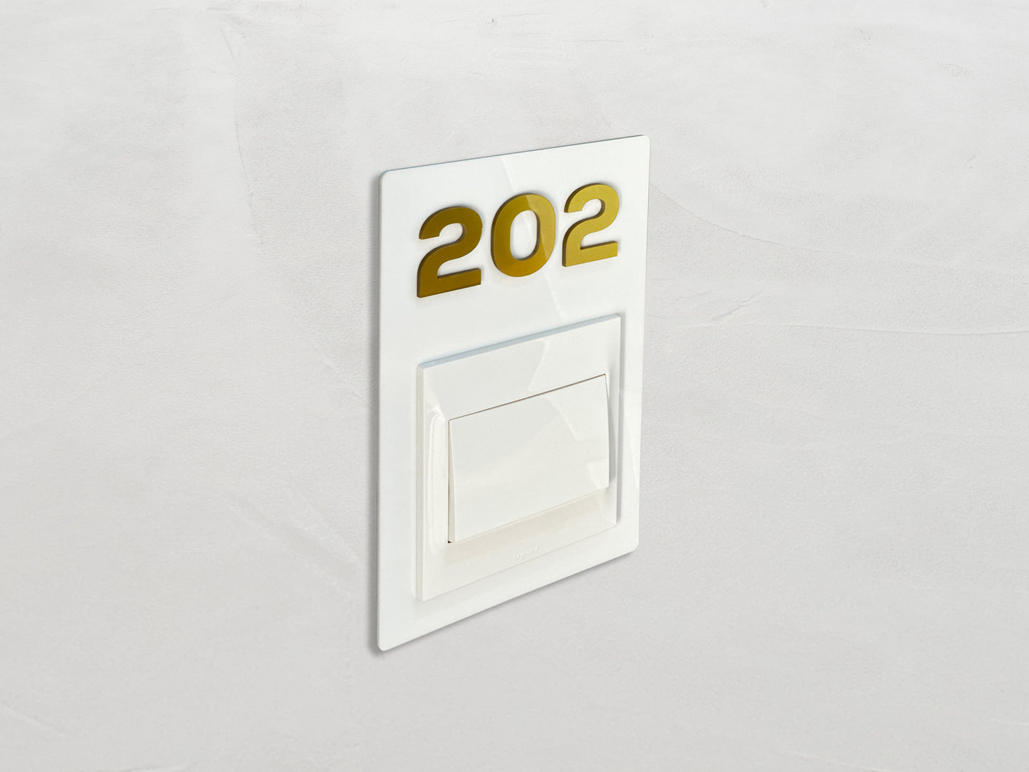 Modern White/Gold Switch Frame with Door Number - Personalized Apartment Number Sign - Room Number Signage