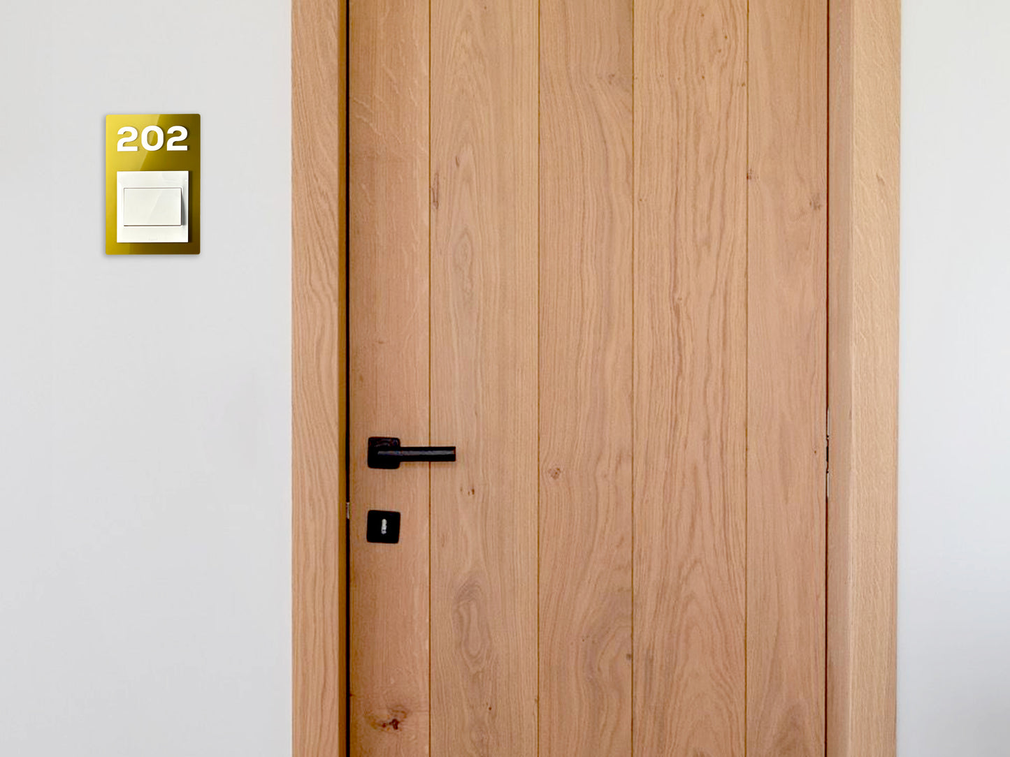 Modern Gold/White Switch Frame with Door Number - Personalized Apartment Number Sign - Room Number Signage