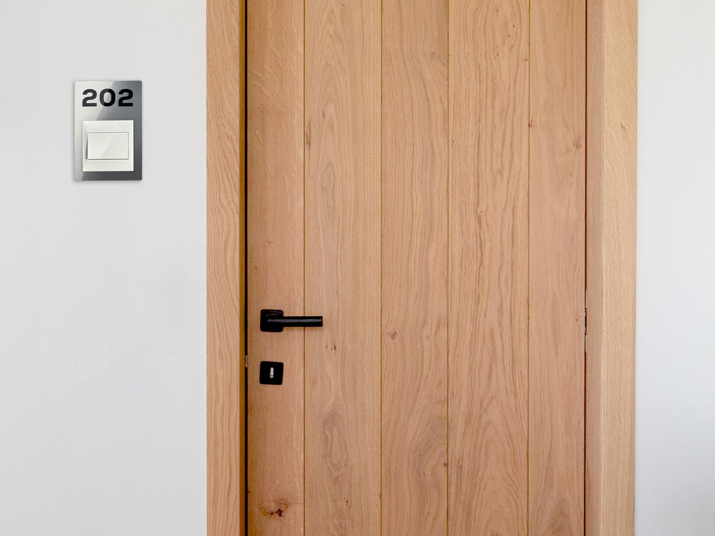 Modern Silver/Black Switch Frame with Door Number - Personalized Apartment Number Sign - Room Number Signage