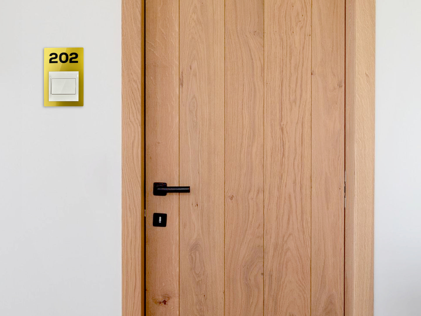 Modern Gold/Black Switch Frame with Door Number - Personalized Apartment Number Sign - Room Number Signage