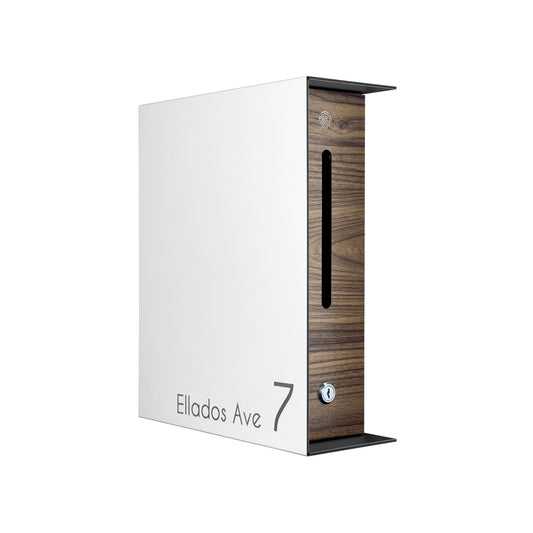 White/Walnut Minimalist Mailbox - Modern Stylish Letterbox for Home and Office with Engraved Personalization