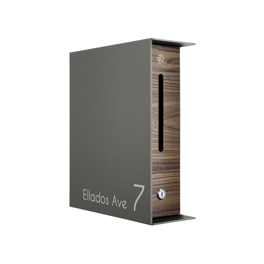 Metallic Gray/Walnut  Minimalist Mailbox - Modern Stylish Letterbox for Home and Office with Engraved Personalization