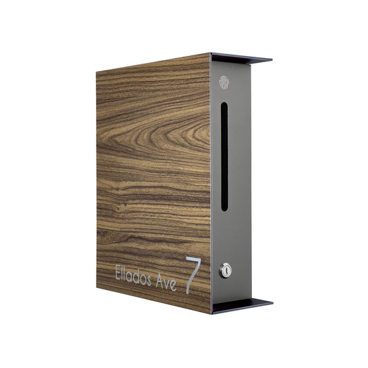 Walnut/Metallic Gray Minimalist Mailbox - Modern Stylish Letterbox for Home and Office with Engraved Personalization